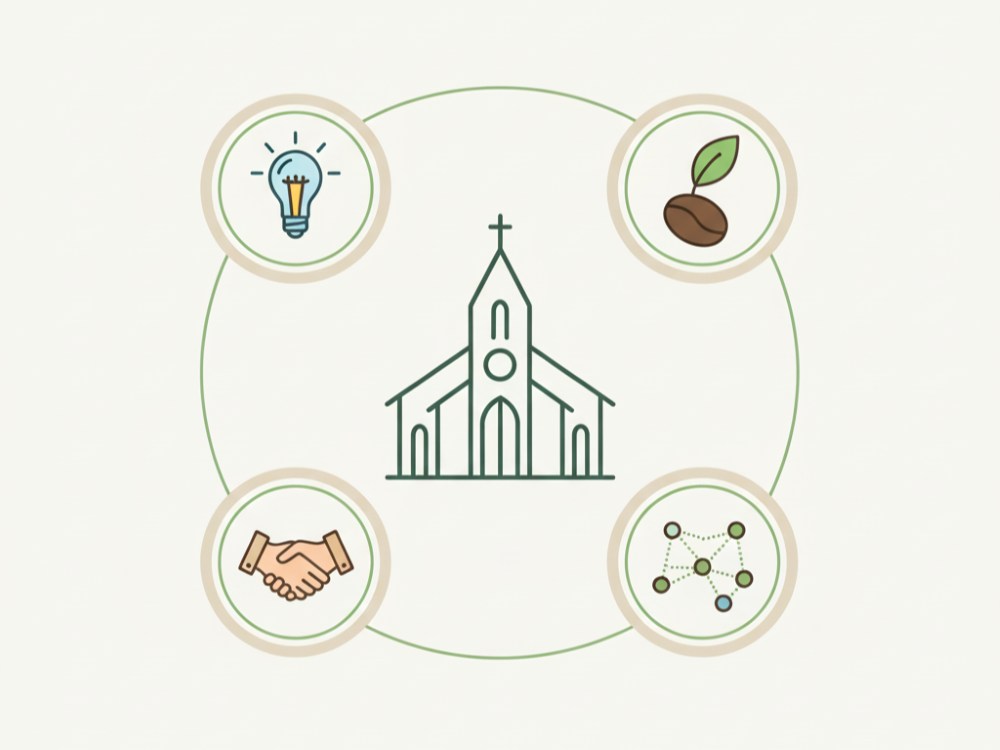 Unser flexibler Baukasten für Ihre nachhaltige Gemeinde. Infografik mit Symbolen für die Kernbereiche unserer Unterstützung: Analyse, Bildung, Umsetzung, ökofaire Beschaffung und Vernetzung.