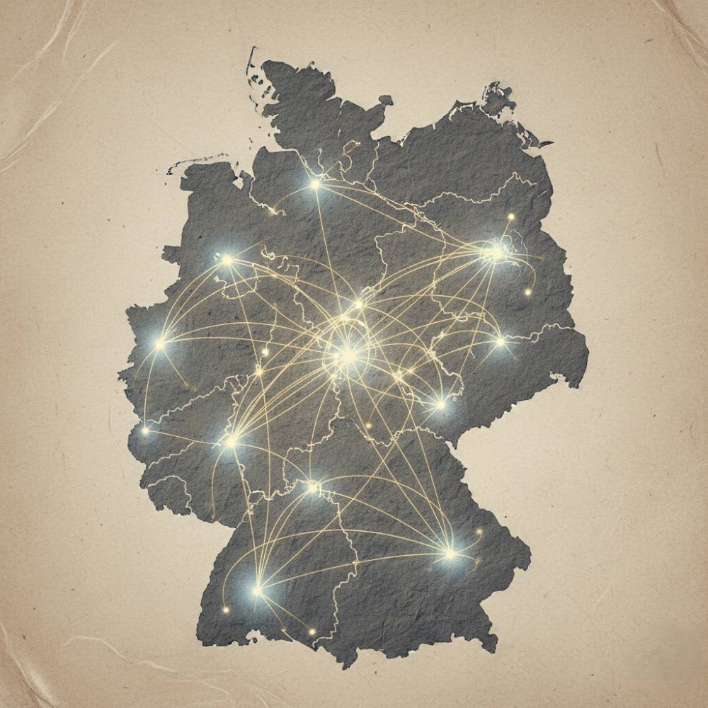 Gemeinsam stark: Die Kraft des Netzwerks für den Wandel. Stilisierte Landkarte einer Region, auf der mehrere Kirchengemeinden als leuchtende Punkte miteinander vernetzt sind.